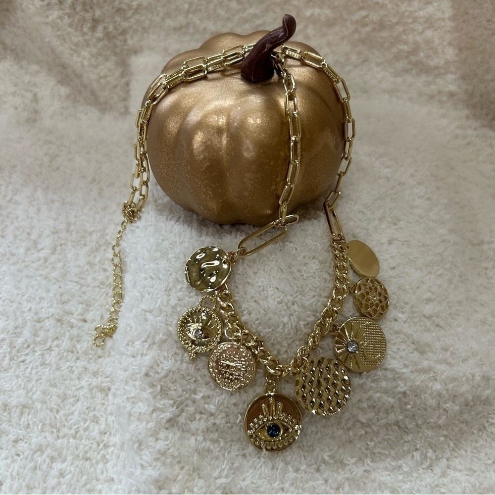 GOLD-TONE TRENDY LUCKY EVIL EYE AND COIN CHARM NECKLACE ADJUSTABLE NWOT